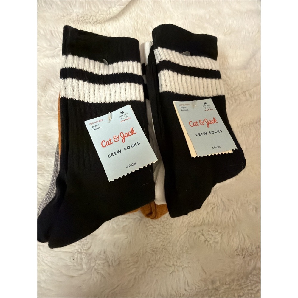 Cat & Jack Kids Crew Socks 8 Pairs Black White Gray Tan Size M Shoe 9-2.5 NEW